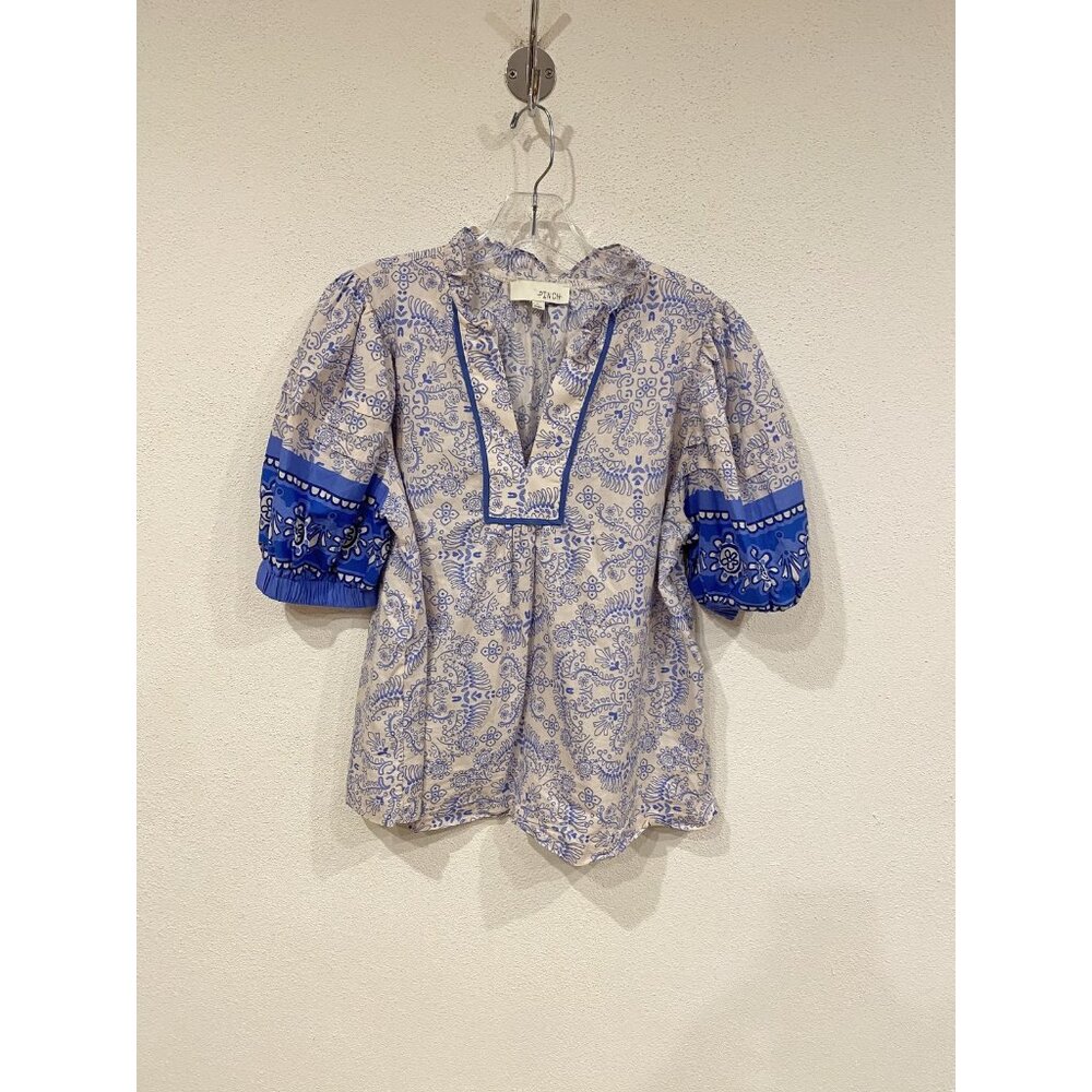 Anthropologie Floral Blue and Cream Blouse